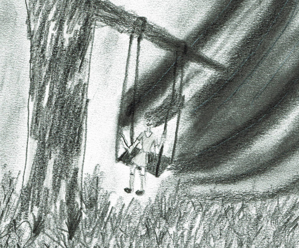 Μικρό κορίτσι σε ένα swing, μολύβι σχέδιο - Φωτογραφία, εικόνα