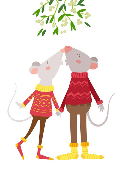 Myszy para Całowanie pod jemioła płaski wektor ilustracja - Wektor, obraz