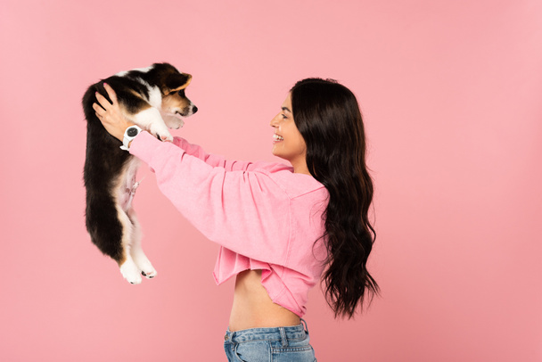 excited young woman holding Welsh Corgi puppy, isolated on pink - Zdjęcie, obraz