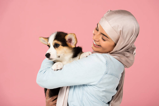 ウェールズコーギー犬を抱いたヒジャーブで陽気なイスラム教徒の女の子、ピンクで孤立 - 写真・画像