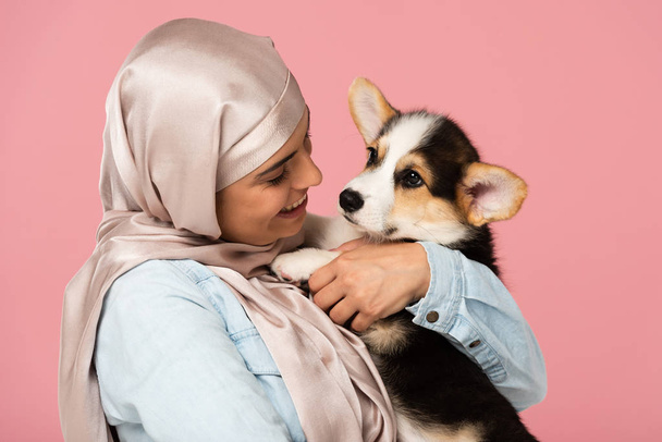 beautiful muslim girl in hijab holding Welsh Corgi puppy, isolated on pink - 写真・画像