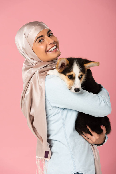 uśmiechnięta Arabska Dziewczyna w hidżab trzyma cute Corgi Puppy, na białym tle na różowy - Zdjęcie, obraz