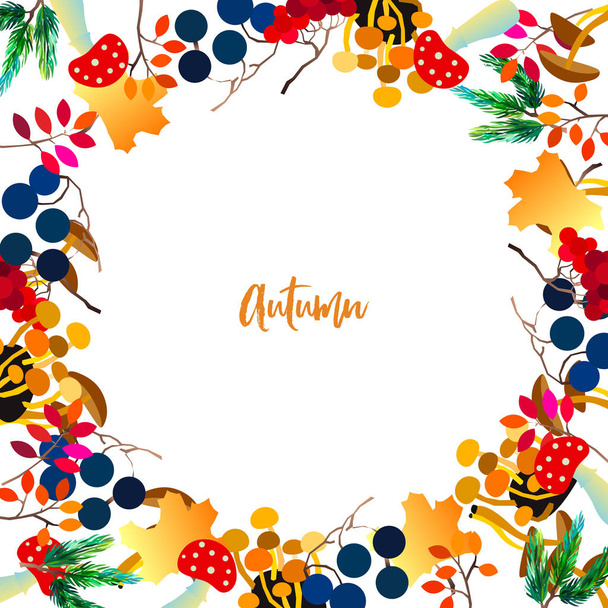 Autumn vector frame with berries, acorns, pine cone, mushrooms, branches and leaves. - Vector, imagen