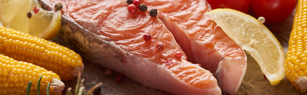close up view of raw salmon steak with peppercorns, corn and herbs, panoramic shot - Foto, Imagem