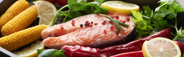 панорамный снимок стейка из сырого лосося с лимоном, травами и овощами
 - Фото, изображение