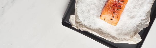 Widok z góry surowy stek z łososia z pieprzem na tacy piekarnika z solą na powierzchni marmuru, panoramiczny strzał - Zdjęcie, obraz