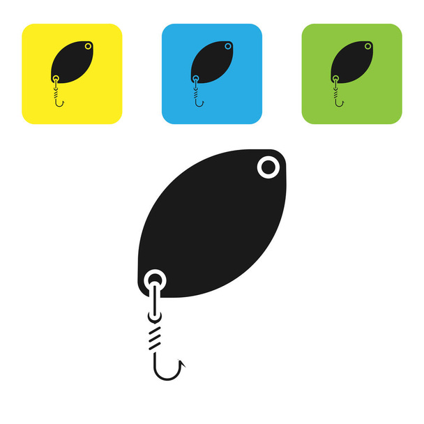 Czarna ikona łyżka wędkarskiego na białym tle. Przynany wędkarskie w kształcie ryb. Wędkarski. Ustawianie ikon kolorowych kwadratowych przycisków. Ilustracja wektorowa - Wektor, obraz