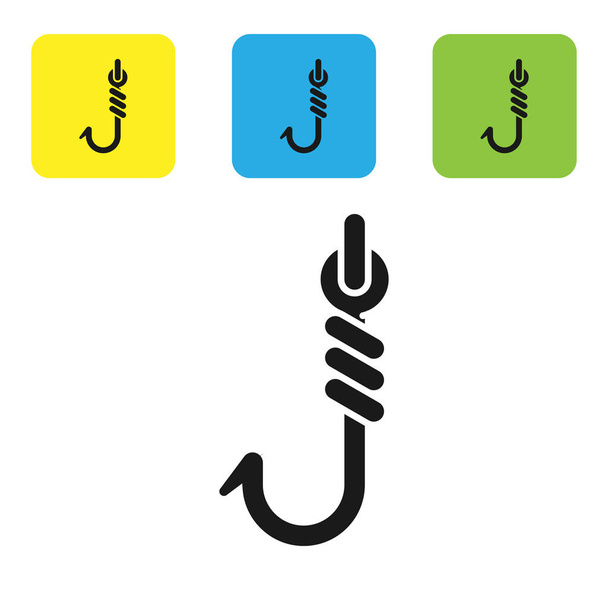Icône crochet de pêche noir isolé sur fond blanc. Matériel de pêche. Set icônes boutons carrés colorés. Illustration vectorielle
 - Vecteur, image