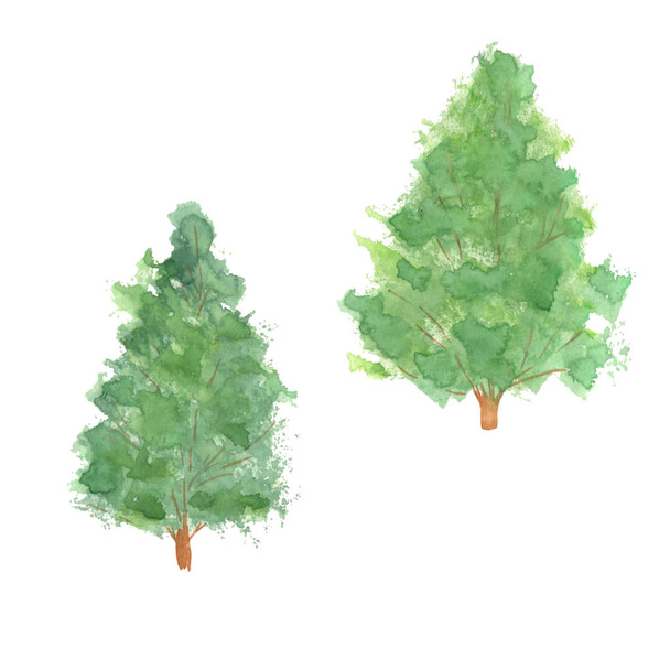 Basit suluboya yeşil Noel ağacı basit sevimli karikatür tarzı, dekoratif dökmeyen orman ağacı koleksiyonu ayarlayın - Fotoğraf, Görsel