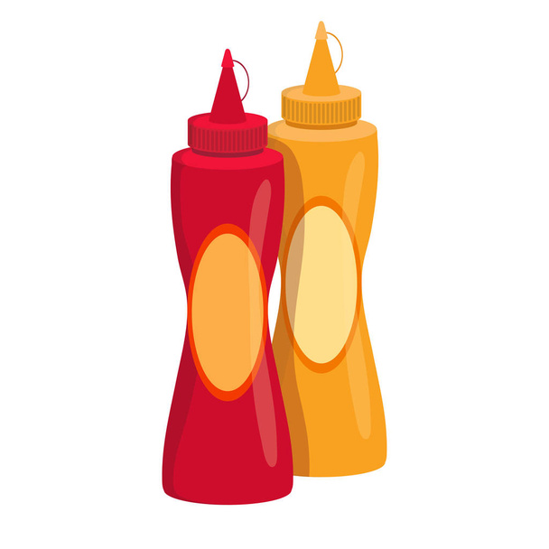 Ketchup and Mustard Bottles. Fast Food. Tasty Street Food. Fast Meal Product. Fast Food Bottles of Ketchup and Mustard. Not Healthy Food. Bottles of Ketchup and Mustard. Vector graphics to design. - Вектор,изображение