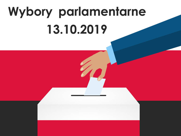 Fogalma Lengyelország választás 2019. Hand elhelyezés Szavazópapír a szavazólapon Box. Vector illusztráció lapos stílusban Lengyelország szöveg: parlamenti választások, 13.10.2019 - Vektor, kép