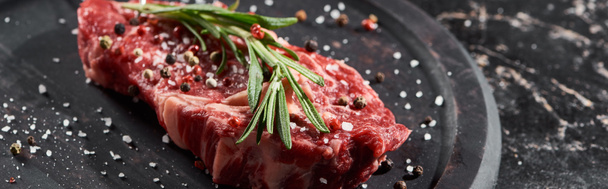 panoramic shot of raw beef fillet with rosemary twig sprinkled with salt and pepper on round wooden surface - Photo, Image