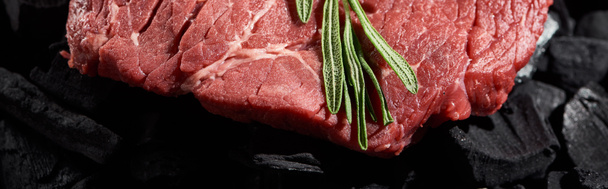 plano panorámico de carne de res cruda con ramita de romero fresco en trozos de carbón
 - Foto, imagen