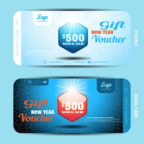 Vector new year gift voucher with label on the blue gradient background with hexagon pattern. - Vector, Image
