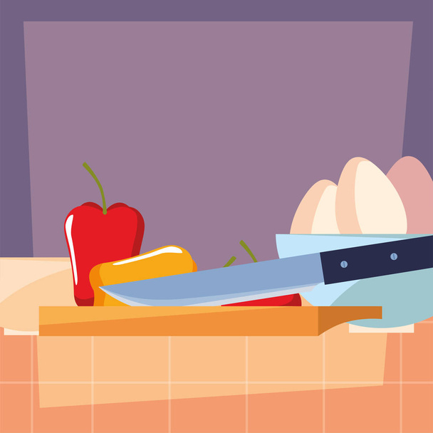 eggs pepper and knife preparation cooking - Vector, Image