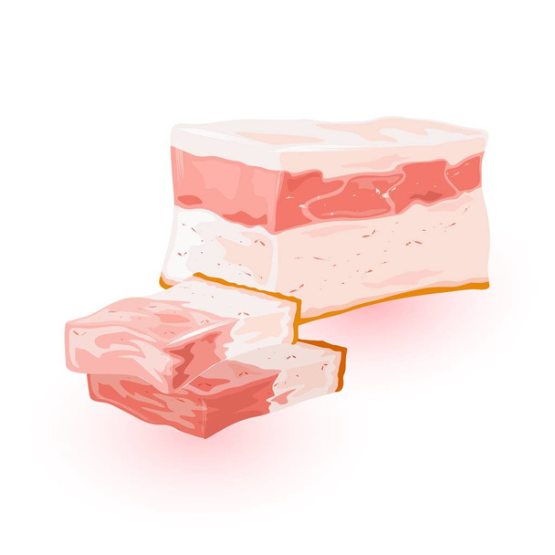Fresh farm meat products: salo, ham, gammon, gigot, silverside, slices of high-fat bacon. - Vector, Image