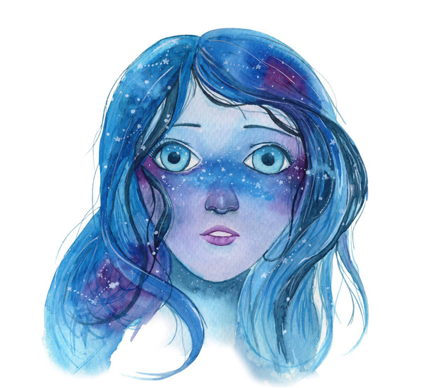 Ilustracja akwarela młodej atrakcyjnej kobiety z niebieskimi włosami, patrząc na gwiazdy - Zdjęcie, obraz