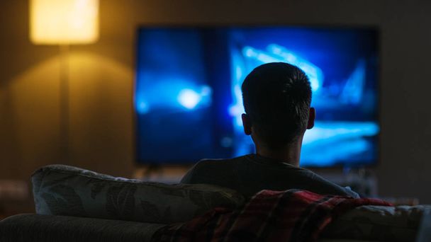 Back View of a Man Sitting on a Couch Watching Movie on His Big Flat Screen TV. - 写真・画像