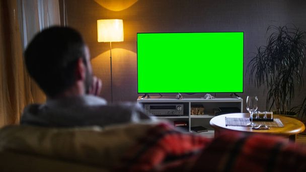 In the Evening Back View of a Middle Aged Man Sitting on a Couch Watching Big Flat Screen TV. - 写真・画像