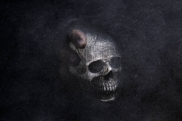 Crâne humain sur fond texturé noir. Photo abstraite
. - Photo, image