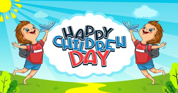 Feliz Dia Universal da Criança. Os meninos bonitos lança um avião de brinquedo. Letras. Vetor
 - Vetor, Imagem