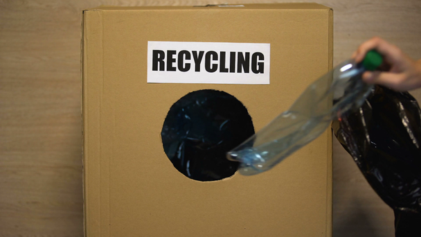 リサイクル可能な材料のためにプラスチック廃棄物を箱に投げ入れ、ゴミを利用する人々 - 映像、動画