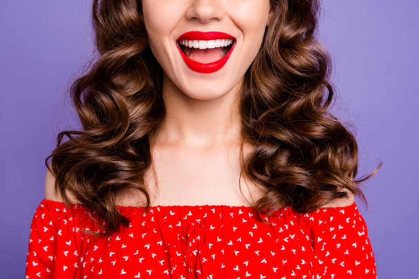 Cropped photo of beautiful lady show perfect condition beaming smile wear red dress isolated purple background - 写真・画像