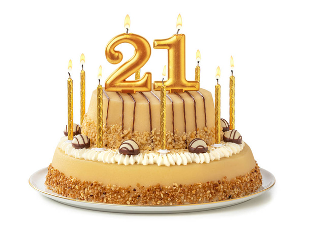 Εορταστικό κέικ με χρυσά κεριά-αριθμός 21 - Φωτογραφία, εικόνα