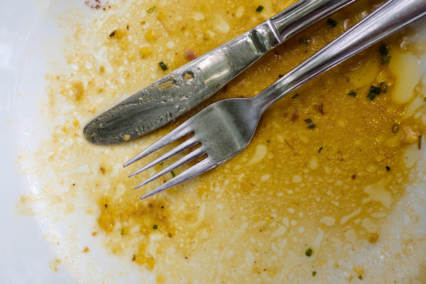Cutlery after dinner on plate - 写真・画像