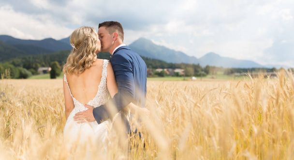Bride and groom kissing and hugging tenderly in wheat field somewhere in Slovenian countryside. - Photo, Image