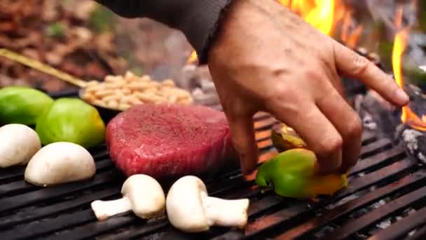 Człowiek ręka toczenia na świeże warzywa cięte duży kawałek wołowiny stek różowe mięso na patelni w lesie obozu ogień ognia - Materiał filmowy, wideo