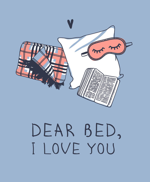 Hand drawn objects about Sleep Routines and text.Vector Cozy Ill - Διάνυσμα, εικόνα