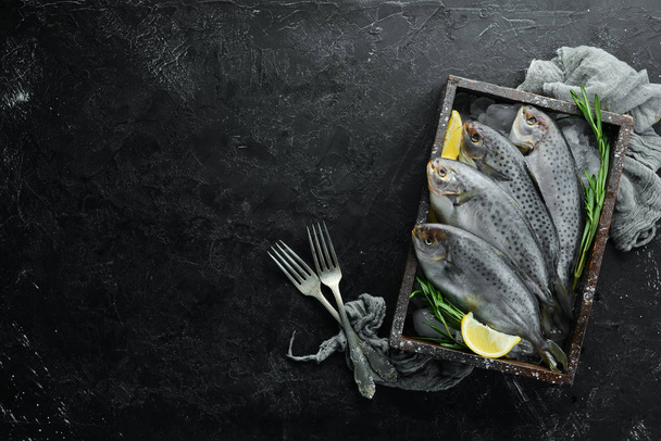 Raw sea fish with lemon, salt and rosemary. On a black background. Top view. Free copy space. - Foto, Imagem