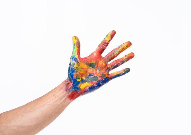 Man hand in colorful on white background - Foto, imagen