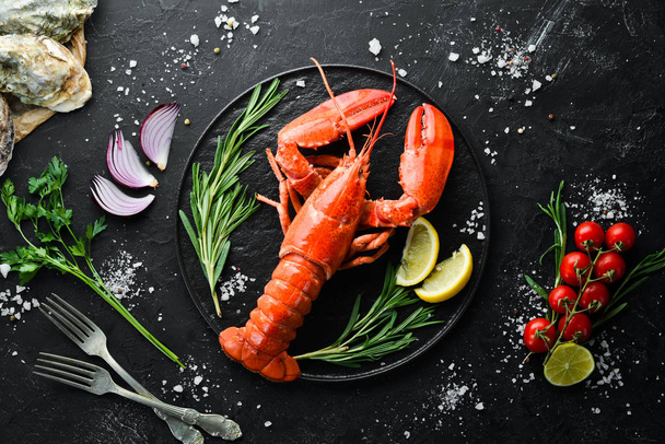 Lobster with spices on a dark background. Top view. Free copy space. - Zdjęcie, obraz