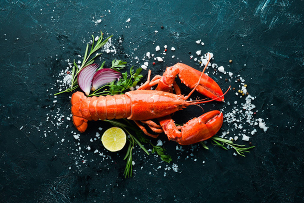 Lobster with spices on a dark background. Top view. Free copy space. - Φωτογραφία, εικόνα