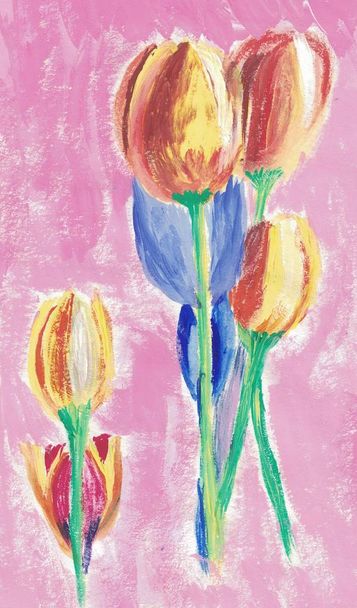 Yellow tulips painted with acrylics - Foto, Imagem