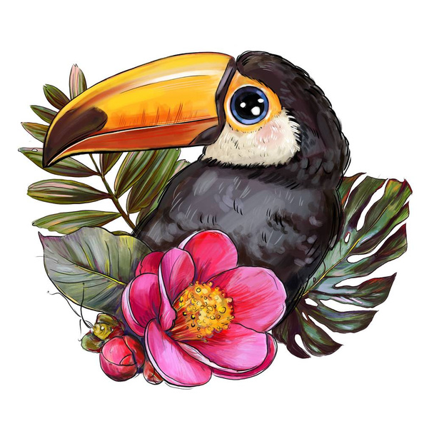 toucan with pink flowers, cute children's illustration, best t-shirt print - Photo, Image