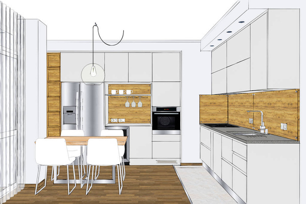 3D-mallinnus. Moderni luova keittiökalusteiden suunnittelu sisustus puinen aksentti. Ruokaa, olohuone. Tammiviilu. Keittiölaitteet ja koristeet. Riipuksen valo. Beige kaapit, ruskea lattia
. - Valokuva, kuva