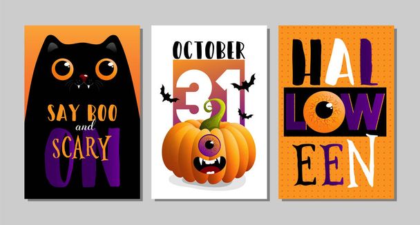 Ilustraciones vectoriales con gato negro. Diseño de pósters de Halloween con símbolos y caligrafía. Divertido conjunto de tarjetas de Halloween
 - Vector, imagen