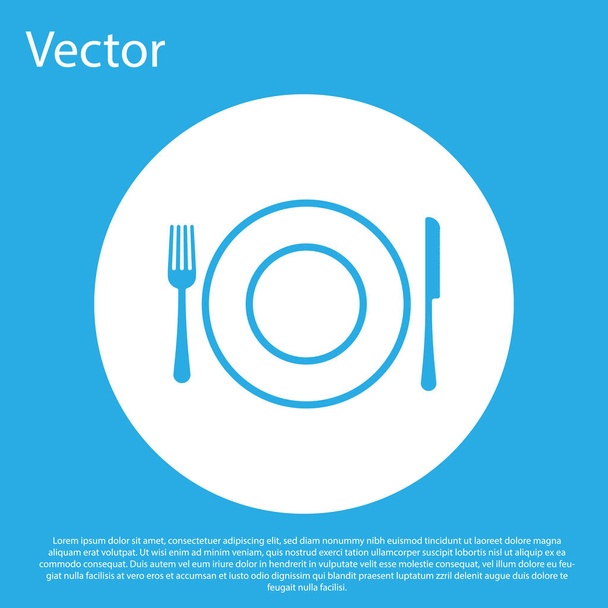 Blue Plate, fork and knife icon isolated on blue background. Cutlery symbol. Restaurant sign. White circle button. Vector Illustration - Vector, Image