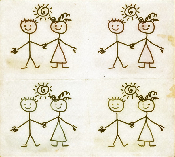 Simplificado mano dibujado niño y niña sobre papel viejo fondo, garabato niños dibujo
 - Foto, Imagen