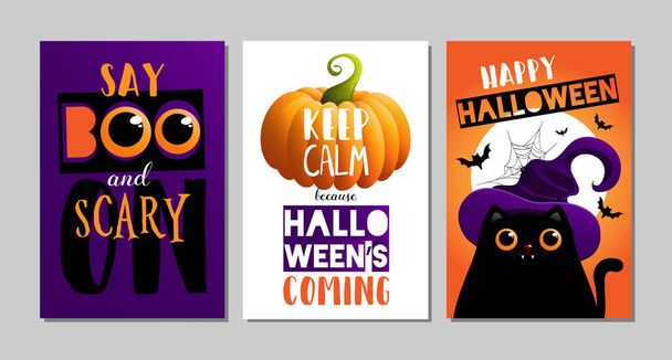 Ilustraciones vectoriales con gato negro. Diseños de pósters de Halloween con símbolos y caligrafía
. - Vector, imagen