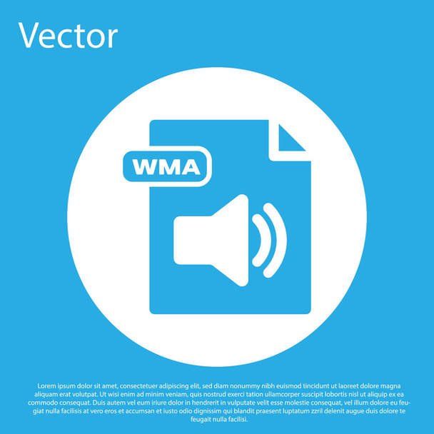 青い Wma ファイル ドキュメント。青い背景に隔離されたwmaボタンアイコンをダウンロードしてください。Wma ファイルシンボル。Wma 音楽形式記号。白い円のボタン。ベクトルイラストレーション - ベクター画像