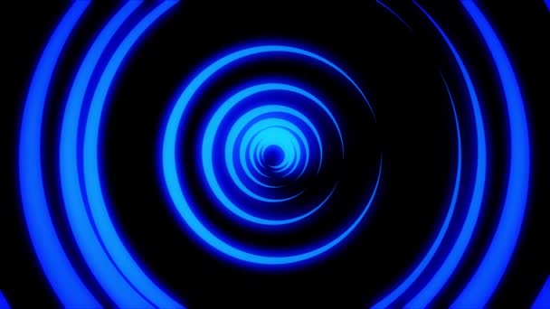 Abstrakti animaatio valon neon tunnelin muodostuu värikäs liikkuvat renkaat mustalla pohjalla. Animaatio. Värikäs abstraktio neon piireissä pyörivät eri nopeudella
. - Materiaali, video