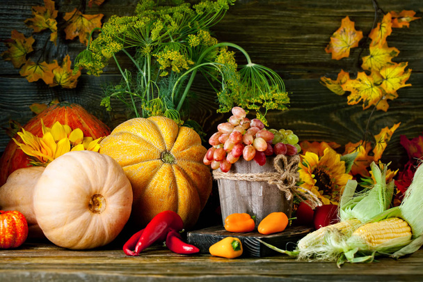 The table, decorated with vegetables and fruits. Harvest Festival. Happy Thanksgiving. Autumn background. Selective focus. - Fotografie, Obrázek