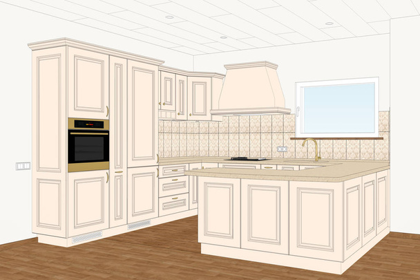 3Dイラスト。明るいインテリアの古典的なアメリカのキッチン家具のデザイン。キッチンのアイデア。ゴールドのアクセントを持つインテリアデザイン。ホームインテリアデザインソフトウェアプログラム。石の表面。セラミックタイル. - 写真・画像