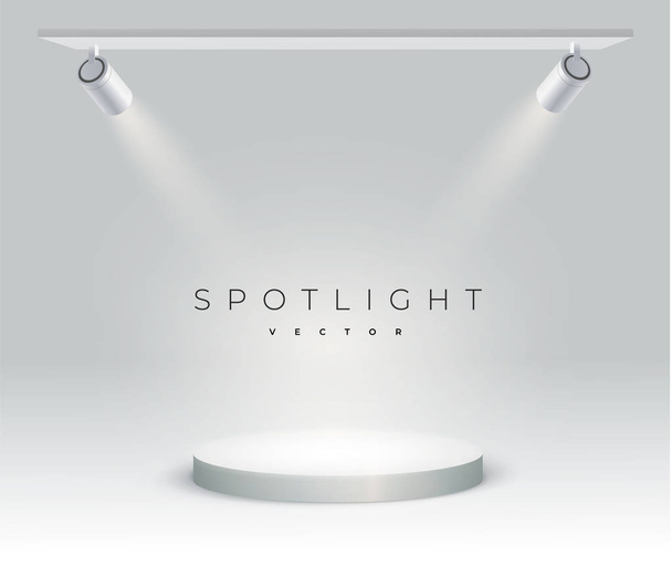 modern white spotlight shines at an angle on spot. Round podium, pedestal or platform illuminated by spotlights on white background. Stage with scenic lights. minimalistic. Vector illustration. - Vector, Image