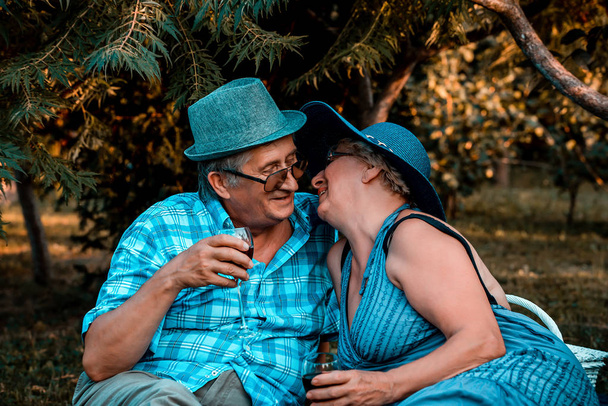 Senior paar zoenen tijdens het drinken van wijn op een picknick - Foto, afbeelding