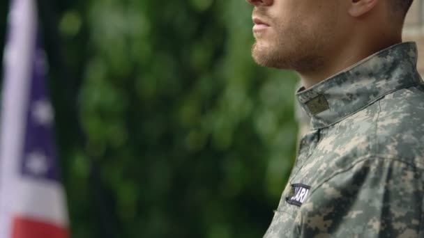 Serviceman in military uniform standing outside, sad army memories, patriotism - Filmagem, Vídeo